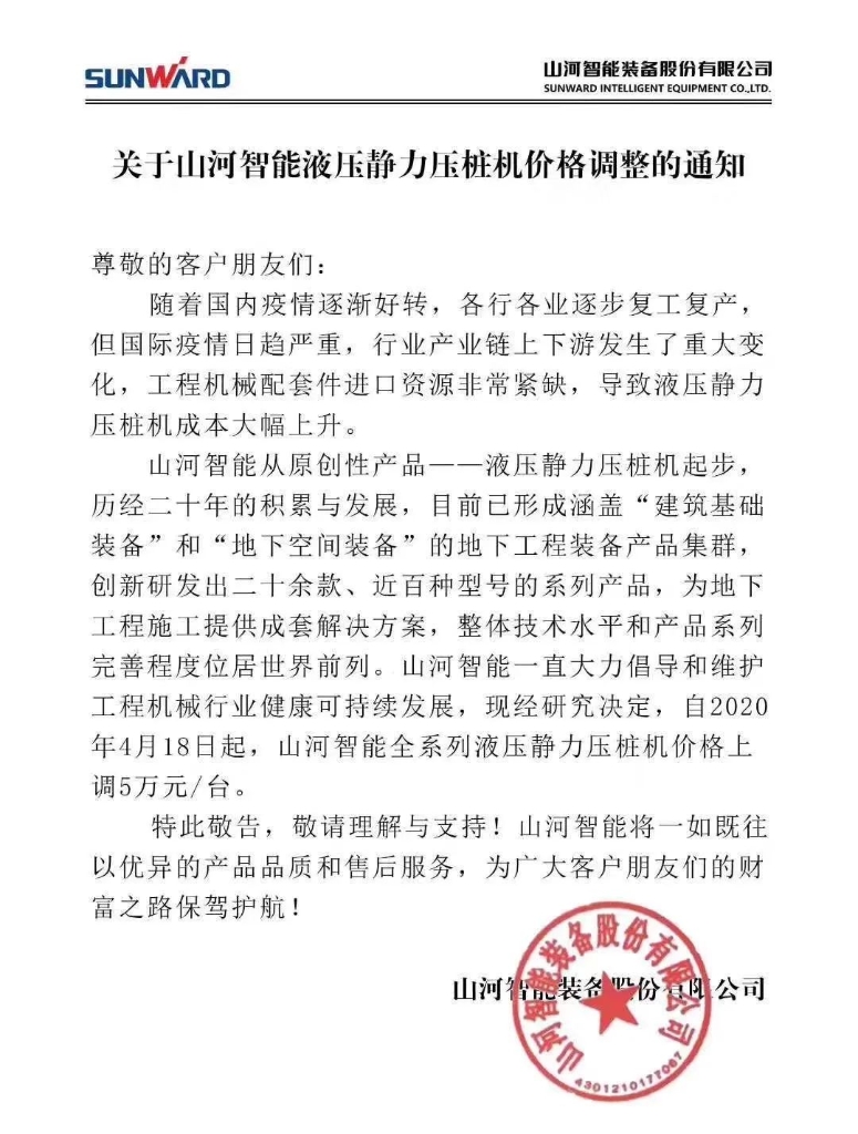 关于利来老牌国际官网智能液压静力压桩机价钱调解的通知
